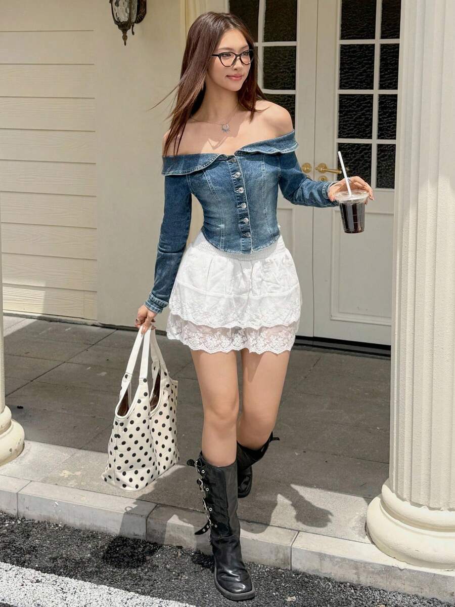 SHEIN EZwear 女式单排扣露肩长袖牛仔衬衫 - 中等水洗藍 - 查看 1