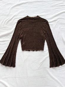 Soleia 女士休闲度假西部海滩婚礼宾客着装返校毕业早午餐，优雅波西米亚热带钩编纹理荷叶边领喇叭袖T恤，适合圣帕特里克节、春假、复活节、音乐节等场合，棕色上衣，秋季 - 咖啡棕 - 查看 2