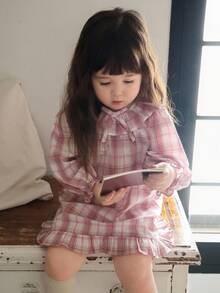 DAZY 女嬰韓式圓領荷葉領短袖舒適格紋睡衣幼兒 - 淺粉色 - 查看 4