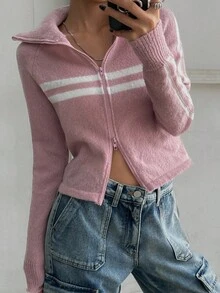 DAZY 女式秋冬条纹插肩袖拉链前开衫高领衫 - 粉色 - 查看 5