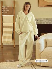 GLOWMODE 厚重羊毛超大码可调节抽绳腰部基本款阔腿慢跑裤带侧袋日常休闲保暖冬季 - 黃色 - 查看 6