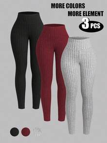 INAWLY 3件套女士纯色罗纹打底裤 - 彩色 - 查看 3