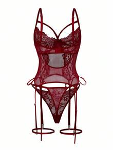4pcs Set Women's Sexy Lace Contrast Mesh Garter Lingerie Sets For Going Out - Burgundy - View 10