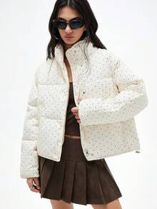 GENKIRA 奶白色撞色黑白波点立领休闲宽松百搭女士棉服外套 - 米色 - 查看 3