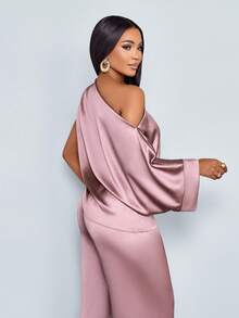 SOLERSUN Women's Fashionable Solid Color Elegant Ruched Asymmetrical Neck Stylish And Sophisticated Batwing Sleeve Asymmetrical Hem Satin Blouse & Straight-Leg Elegant Long Pants Sets