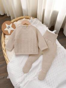 SHEIN 2 件卡其色幼儿针织套装 | 圆领套头毛衣 + 高腰护腹打底裤，休闲基本款 - 卡其色 - 查看 2
