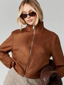 MISSGUIDED 仿麂皮短款飞行员夹克立领全拉链秋冬时尚短款外套带侧袋 - 棕色 - 查看 6