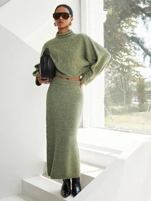 SHEIN Luminelle 高领蝙蝠袖毛衣和针织裙 - 綠色 - 查看 1