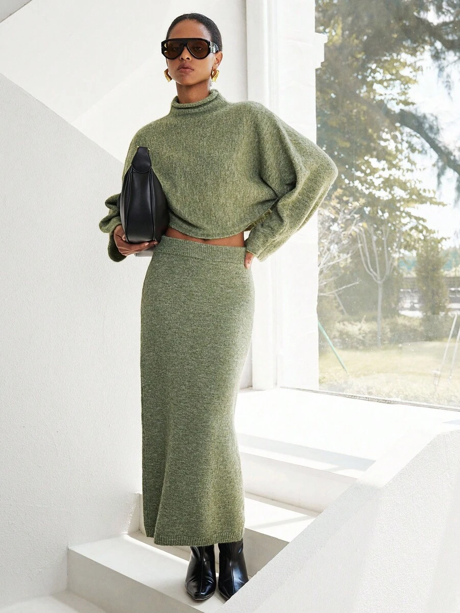SHEIN Luminelle 高领蝙蝠袖毛衣和针织裙 - 綠色 - 查看 1