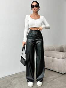 EURMUSE Women's Solid Color Pocket Button Casual Versatile Commuting Wide Leg Pants - Black - View 5