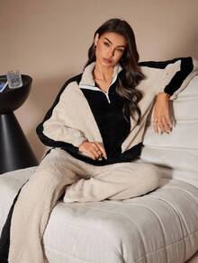 Lazeform Women's Plush Colorblock Zip-Up Collar Long Sleeve & Pants Pajama Set, Winter Jogger Sets For Women Comfy Sets Women Cozy Sets Women Lounge Wear Women Set Western Pajama Set Outfit, Fall Clothes