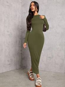 SHEIN PETITE Solid Color Pleated Waist Black Long Sleeve Dress ,Petite Women - Army Green - View 5