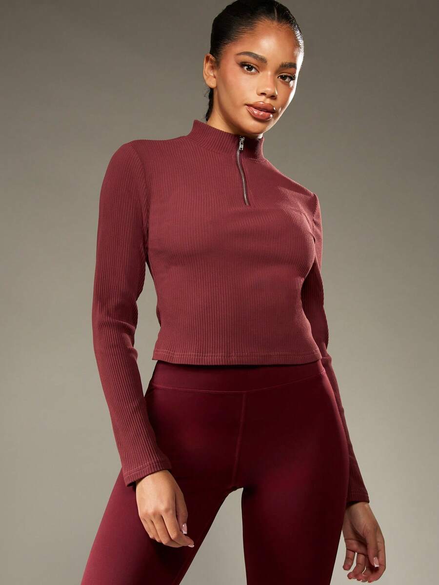 MISSGUIDED Áo crop top tay dài cổ bẻ có khóa kéo nửa thân thanh lịch, trang nhã, thường ngày, đơn giản, ấm áp, đồ mặc nhà thiết yếu cho nữ, Giáng sinh - Màu Đỏ Sâu - Xem 1