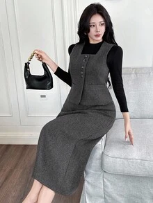 DAZY 女士休闲方领无袖上衣和裙子两件套，秋季 - 灰色 - 查看 3