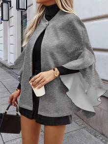 EMERY ROSE Women's Solid Color Single-Breasted Ruffled Hem Fashion Cape Woolen Coat, Autumn/Winter - Grey - View 3