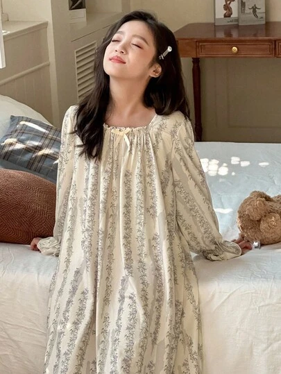 DAZY 女童碎花方领长袖睡袍家居服