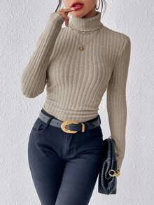 SHEIN Frenchy Turtleneck Ribbed Knit Textured Fabric Shirring Tee,Fall,Fall Clothes For Women Winter Casual Spring - Apricot - View 4
