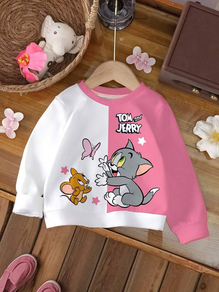 TOM & JERRY X SHEIN 女婴圆领长袖卫衣，舒适休闲卡通字母印花拼色，秋冬 - 白色 - 查看 1