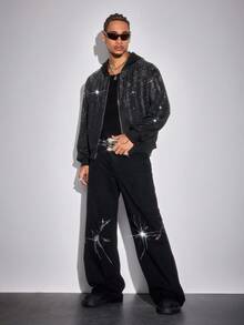 ROMWE MEN Street Life Men's Rhinestone Embellished Pocket Wide Leg Loose Casual Jeans, Grunge - Black - View 12