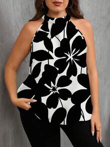 SHEIN Clasi 加大码节日花卉印花休闲简约衬衫，适合夏季 - 黑與白 - 查看 3