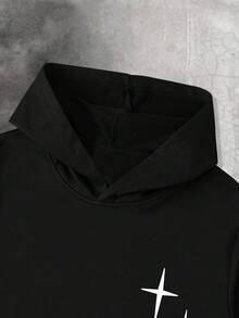 PAVTROS 2 件男士街头风格天使和字母印花运动裤和连帽衫套装，秋季男装 - 黑色 - 查看 3