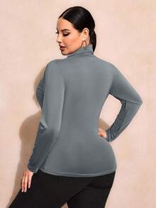SHEIN SXY Plus Size Solid Color Slim Fit High-Necked Long Sleeve All-Match T-Shirt,Grey Autumn Basique Everyday Turtle Neck Fall Winter Basic Tees Blue Tops - Grey - View 2