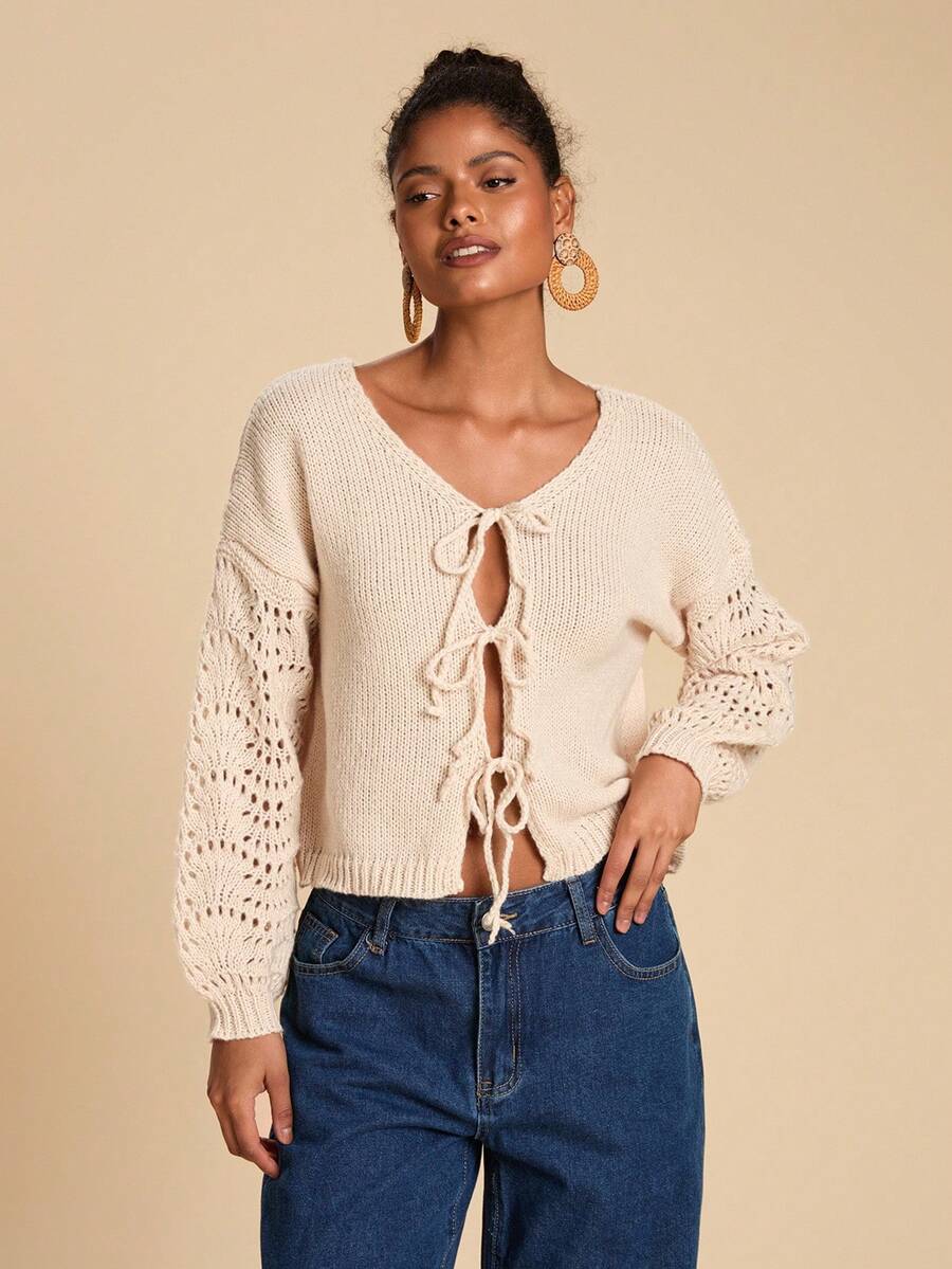 Travachic Cárdigan de mujer de unicolor con hombros caídos y manga larga, con nudo de cordón, para otoño, blusa con cordones, cárdigan de punto, cárdigan de otoño e invierno, para fiesta de Navidad, Año Nuevo, invitada de boda, graduación elegante, baile de gala de lujo, cárdigan casual - Albaricoque - Ver 1
