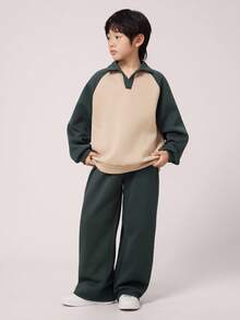 2 件儿童/青少年男童休闲日常百搭舒适 Polo 领半拉链撞色袖套头衫和宽松针织裤套装 - 彩色 - 查看 5