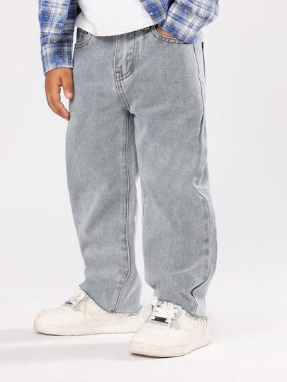 SUMWON Pantalones vaqueros de pierna ancha casuales para niños, estilo clásico de uso diario, pantalones de algodón cómodos y de ajuste relajado con dobladillo recto, para otoño e invierno