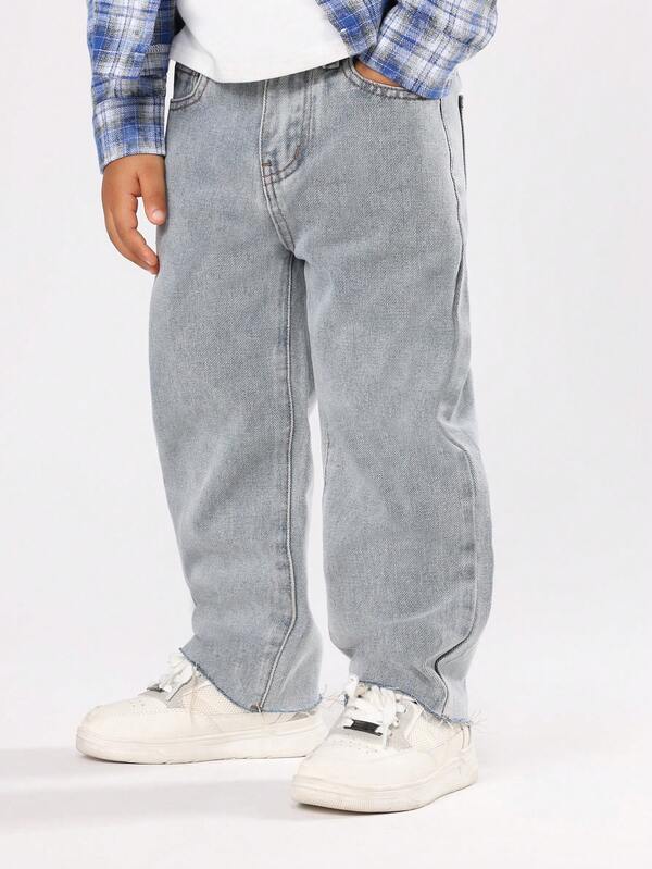 SUMWON Pantalones vaqueros de pierna ancha casuales para niños, estilo clásico de uso diario, pantalones de algodón cómodos y de ajuste relajado con dobladillo recto, para otoño e invierno