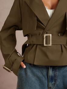 Lumalex Áo khoác trench coat ngắn màu trơn có thắt lưng dành cho nữ mùa thu đông - Cà phê nâu - Xem 6