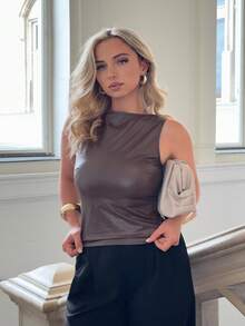 Jeta Ari Women's Round Neck Sleeveless Fitted Pleated Charming Elegant Fashion Tank Top - Brown - View 5
