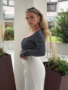 Jeta Ari Tricou negru cu dungi, casual, cu guler rotund, pentru femei, mânecă lungă, topuri pentru femei