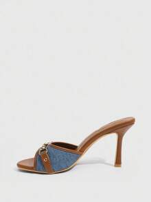 CUCCOO SZL Women's Retro Vintage Style Round Toe Mule High Heel Sandals, Blue & Brown Color Combination, Fashionable & Comfortable