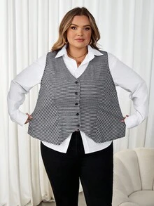 SHEIN CURVE+ 大码千鸟格无袖休闲衬衫 - 黑與白 - 查看 9