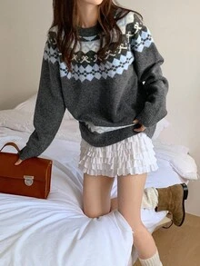 DAZY Women's Crew Neck Contrast Color Casual Loose Fit Long Sleeve Sweater, Korean Style, Autumn/Winter,New Year,Christmas