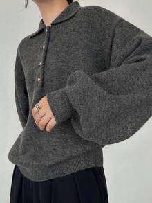 FRIFUL 女式 Polo 领半拉链金属纽扣装饰宽松灯笼袖撞色毛衣 - 灰色 - 查看 2