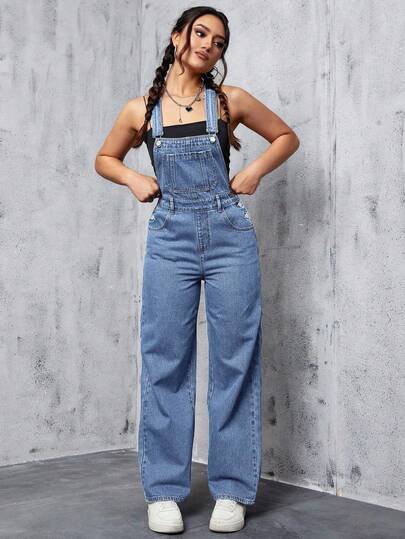 SHEIN PETITE Women's Letter Embroidered Pocket Wide Leg Loose Casual Denim Jumpsuit