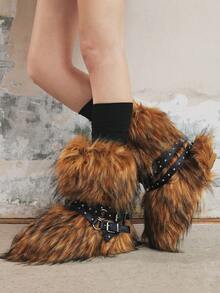 Sugerpunk Women's New Chunky Sole Faux Fur Snow Booties With Rivets, Lace-Up Dark Slim Ankle Boots - Brown - View 5