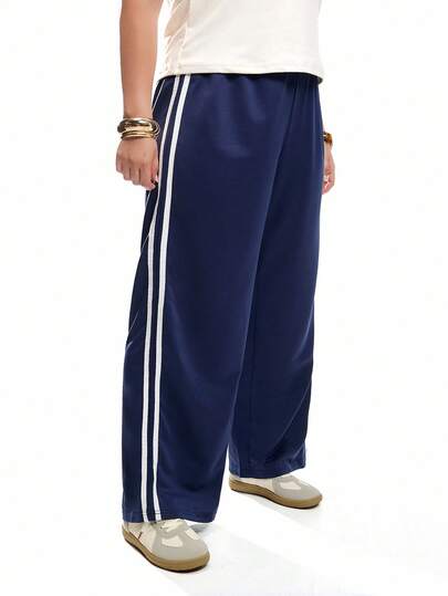 Solavibe Plus Size Dam Elastisk midja Casual Side Randig Bred Ben Lösa träningsbyxor