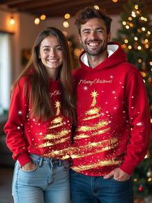 Manfinity Homme Men's Christmas Red Hooded Sweatshirt, Christmas Tree Sweatshirt, Couple Sweatshirt - Multicolor - View 1