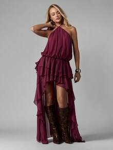 MISSGUIDED Luxury High Neck Ruffle Layered Asymmetric Dress With Tiered Chiffon Detail Party Evening Wedding Guest Special Occasion Maxi Halter Neck Dress - Purple - View 1