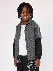 SUMWON 青少年男孩黑色格纹双层长袖棉质休闲衬衫纽扣式多层外观经典街头时尚多层袖子独特设计 - 黑色 - 查看 5