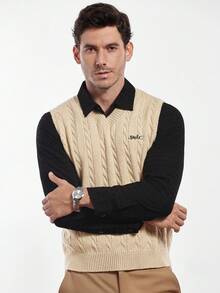 Calvornis Letter Embroidered V-Neck Sweater Vest - Beige - View 1