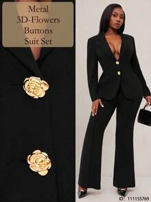 Radiana Women's Elegant Business Black Long Sleeve Suit Set, Gold Button Decor Waist Fitted Blazer + Slim Flare Pants 2 Pieces Outfit, Casual Business Attire Suitable For Commuting, Office, Workplace, Party, Daily Wear, Formal Occasions, Slim Fit, Figure Flattering - Black - View 12