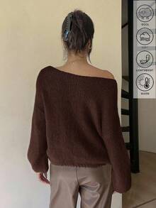 Serisse Fall Women Clothes Off The Shoulder Sweater Women's Casual Solid Color Fluffy Knit Sweater With Blend, Drop Shoulder Ribbed Knit Top For Business Casual, Teacher, Daily, Commute, Outing, 2025 New Autumn Fashion Must - Have, Fall Outfits For Women,Brown Top,Fall,Fall Clothes For Women Winter