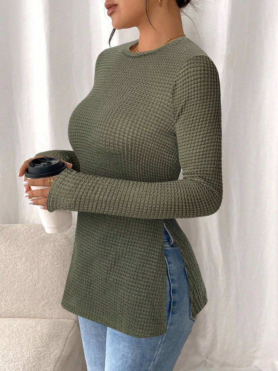 SHEIN Frenchy 女式纯色圆领长袖侧开衩休闲T恤 - 軍綠色 - 查看 1