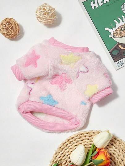 PETSIN 1件彩色星形图案法兰绒宠物粉色秋冬加厚保暖宠物服装