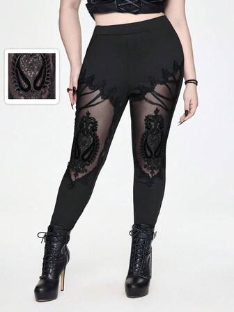 EDITION Pantalones ajustados de talla grande para mujer con diseño de encaje gótico, malla y cruzado, adecuados para Halloween