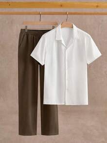 Manfinity NXTstreet 2pcs/Set Men's Casual Cuban Collar Short Sleeve Shirt & Pants Set, Beach Set, Cozy Outfits - Multicolor - View 3